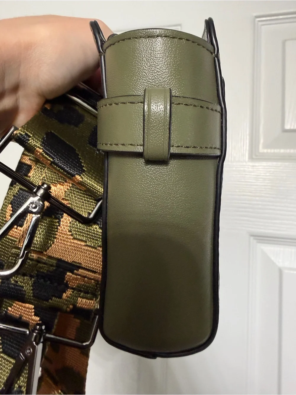 Coach Olive Green Pebbled Leather Crossbody with Leopard Print Strap